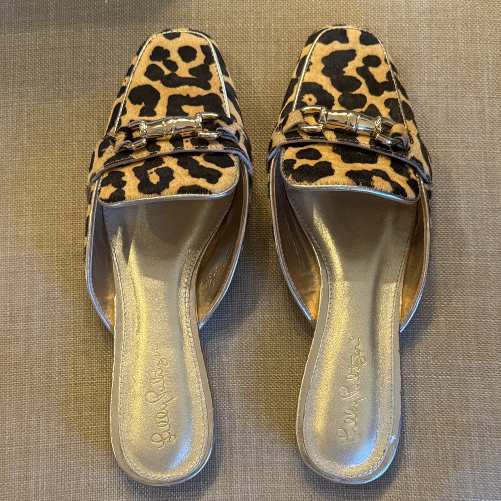 Lilly Pulitzer Leopard Print Mules with Gold Accents